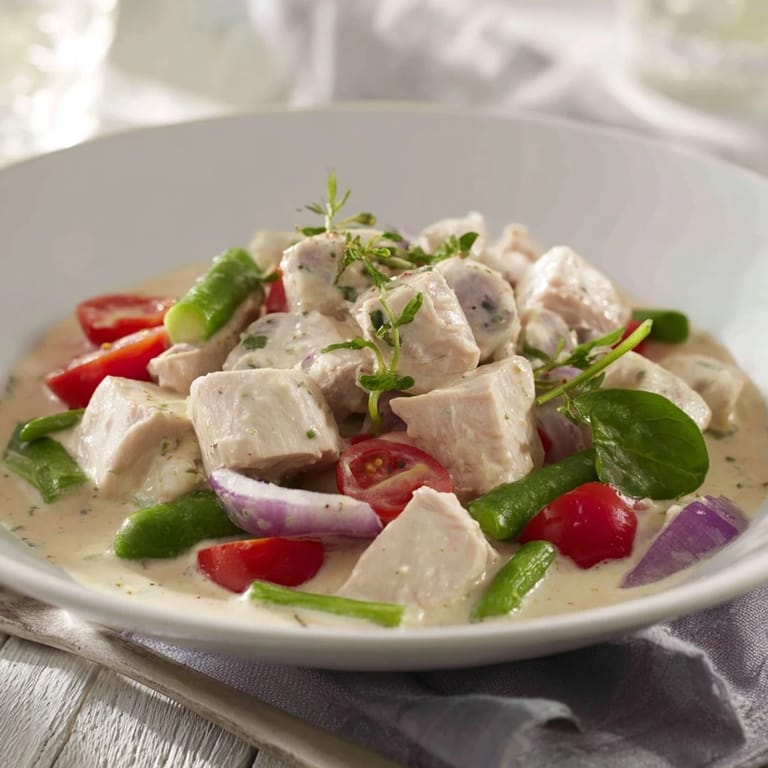 This High-Protein Chicken and Egg Salad shows a creamy, flavorful dish with fresh herbs atop.