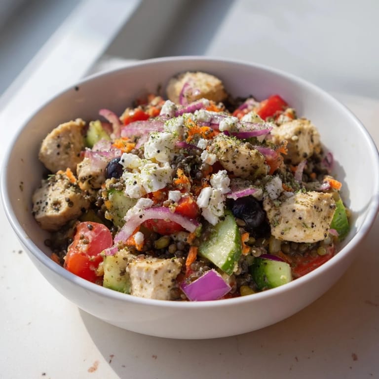 A vibrant Chicken and Lentil Recession Salad, showcasing tender chicken and healthy, flavorful components.