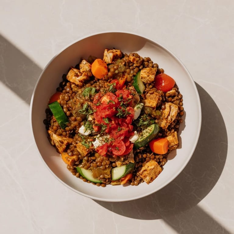 Close-up of a refreshing Chicken and Lentil Recession Salad, perfect for a high fiber, healthy lunch.
