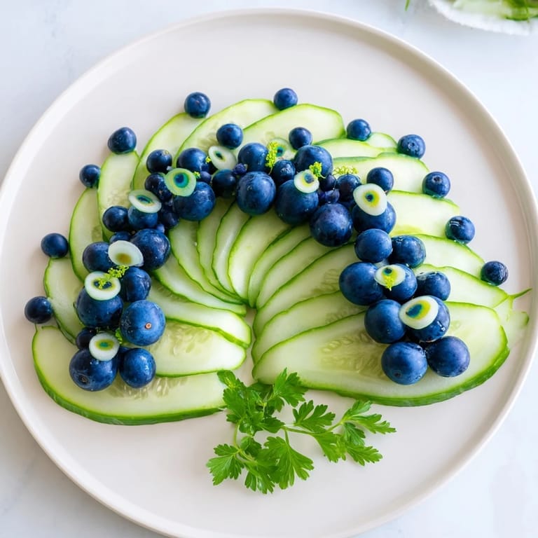 Crisp cucumber slices form a festive Peacock Tail, dotted with grape clusters and radish "eyes" for serving.