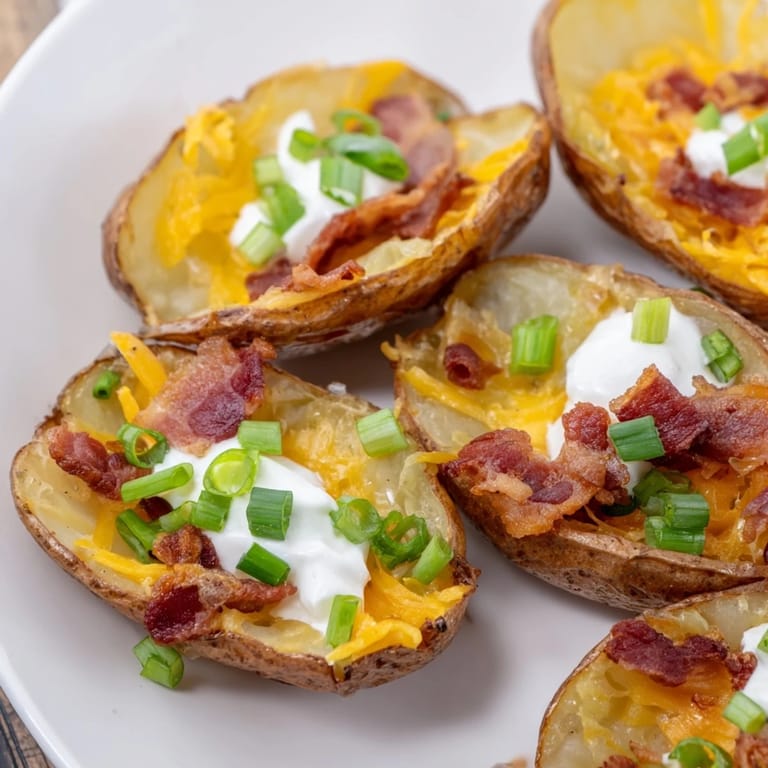 View a close-up of crispy Loaded Baked Potato Skins, perfectly loaded with melty cheese and sour cream.