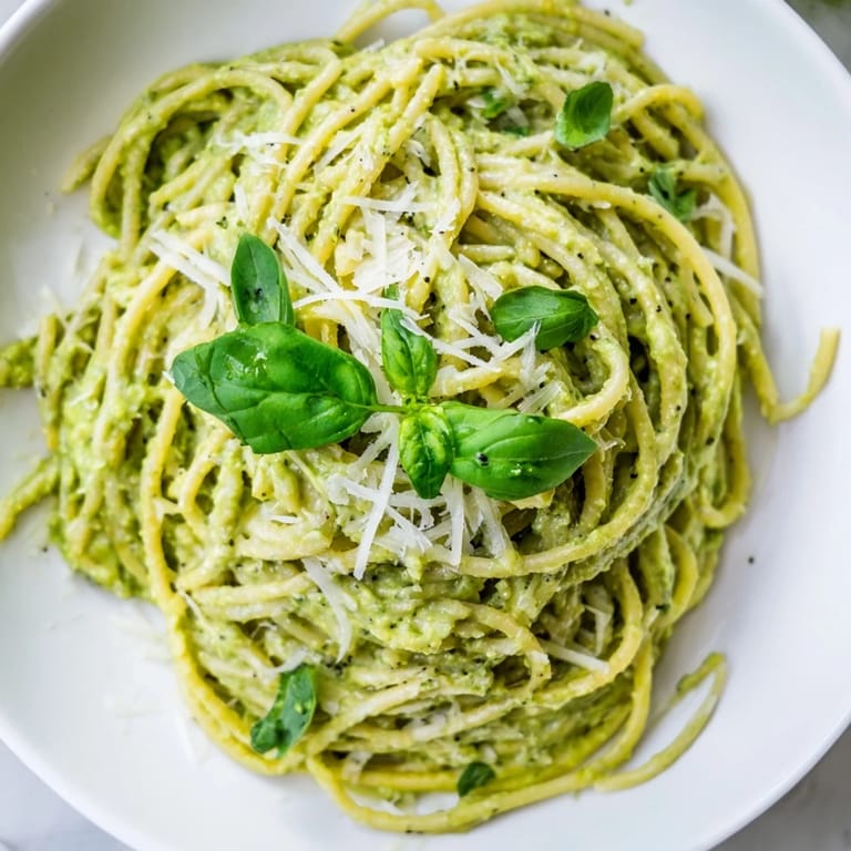 Lemony creamy avocado pasta with spaghetti, a bright and flavorful vegetarian meal served on a plate.