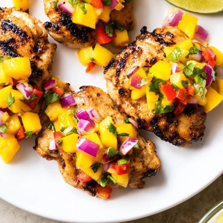 A delicious close-up of grilled mango salsa chicken, ready for a flavorful, healthy dinner.