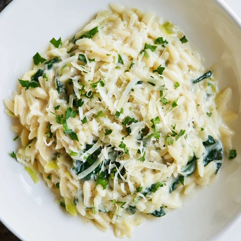 A fork twirls a bite of one-pot creamy orzo, showcasing its creamy texture with spinach.