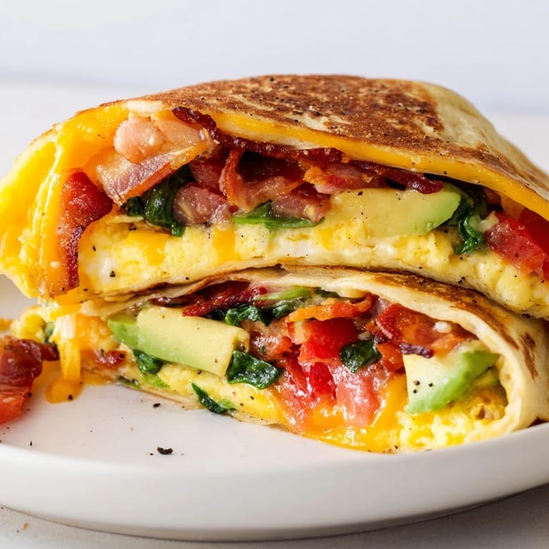 Close-up of a savory and filling crispy breakfast wrap with bacon, best served warm and golden.