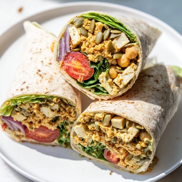 Savory High-Protein Chicken-less Caesar Wrap with fresh romaine and plant-based protein, ready to eat!