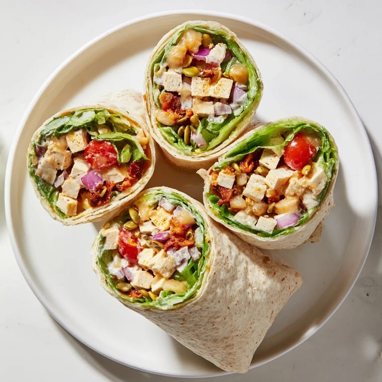 Close-up of a colorful and delicious High-Protein Chicken-less Caesar Wrap, perfect for a healthy lunch.