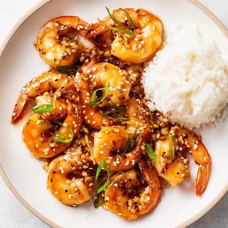 Golden Honey Garlic Shrimp served over fluffy white rice, ready for a delicious meal.