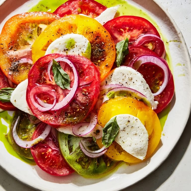 Fresh mozzarella and sliced tomatoes shining, drizzled with basil oil for this summer salad.