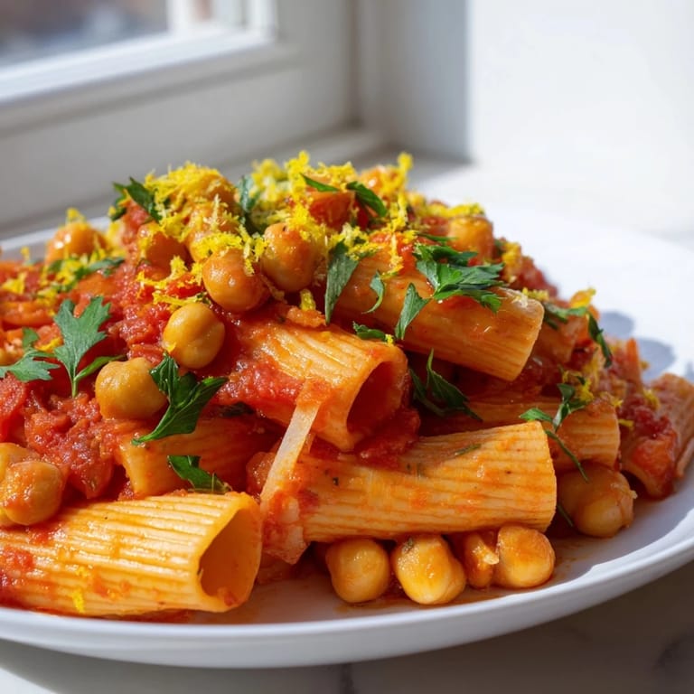 Close-up of hearty Harissa Chickpea Pasta, garnished with herbs and creamy feta crumbles.