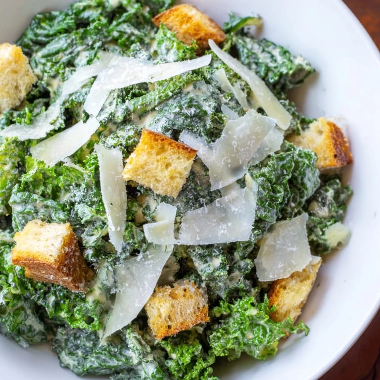 Close-up of a vibrant Kale Caesar Salad, showcasing creamy dressing and crunchy croutons.