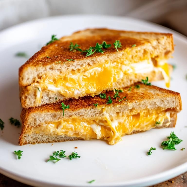 Homemade Garlic Butter Mayo Grilled Cheese: a quick and easy vegetarian comfort food sandwich, cut in half.