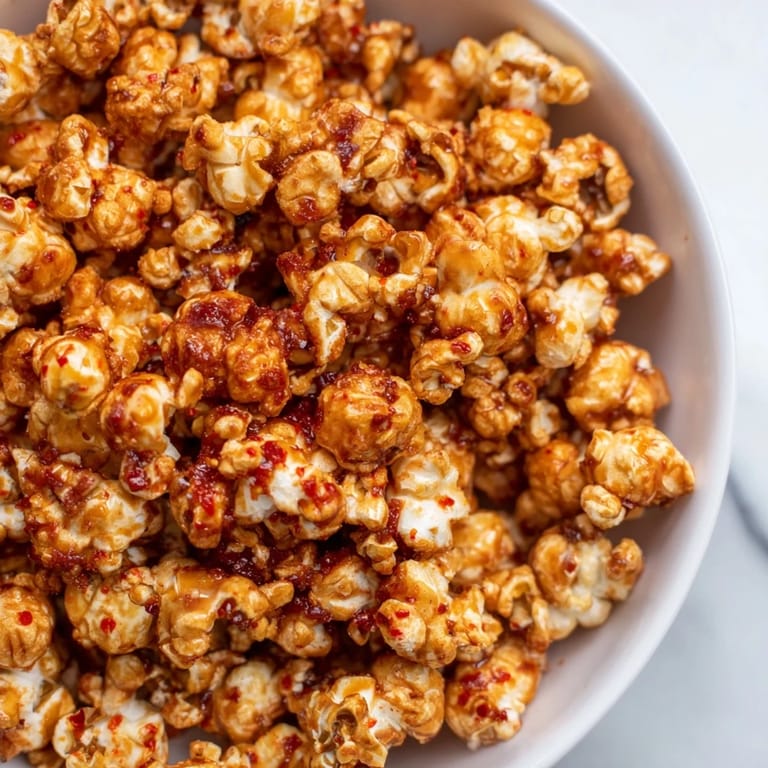 Freshly made hot honey butter popcorn, a crunchy snack coated in a sweet and savory glaze.