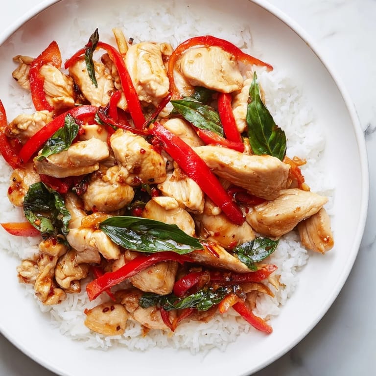 Aromatic Thai Basil Chicken Bowls: a close-up that shows glistening chicken and holy basil alongside rice.
