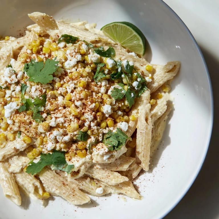 A close-up of the flavorful Mexican Street Corn Pasta, showcasing vibrant corn and cheese.