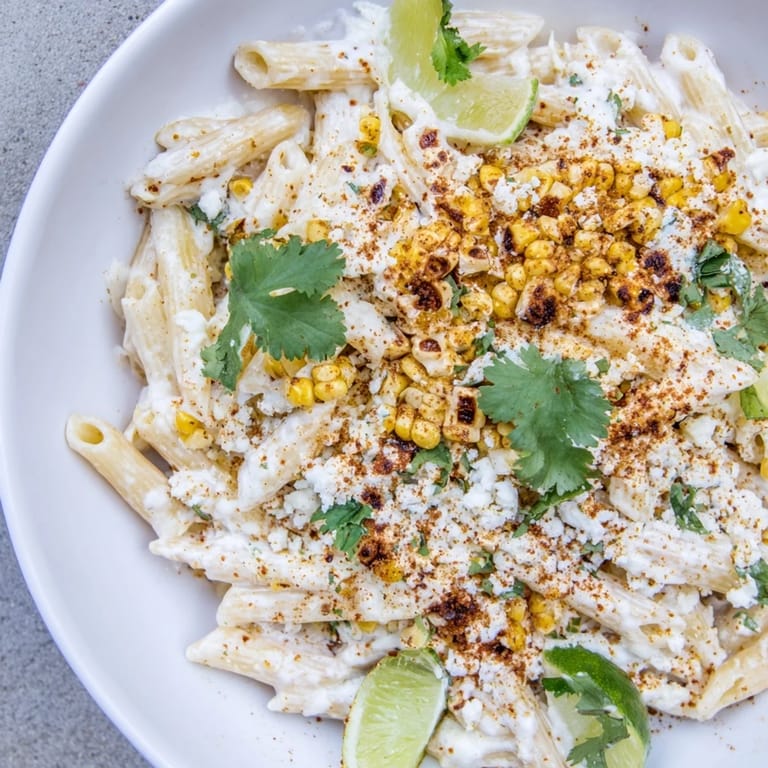 Tempting bowl of hot Mexican Street Corn Pasta boasting a rich, creamy sauce and lime.