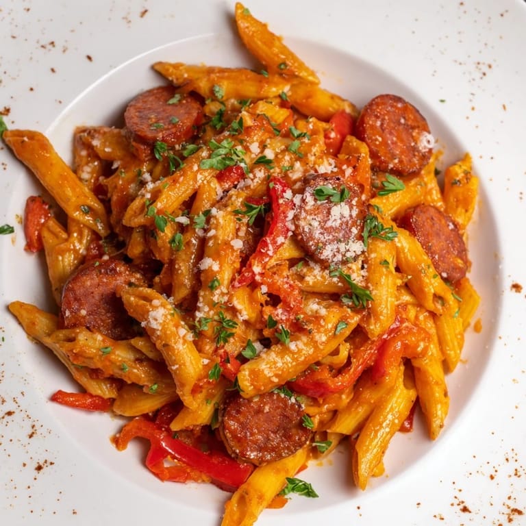 Delicious Spanish Chorizo Pasta, featuring perfectly cooked pasta in a rich tomato sauce, ready for dinner.