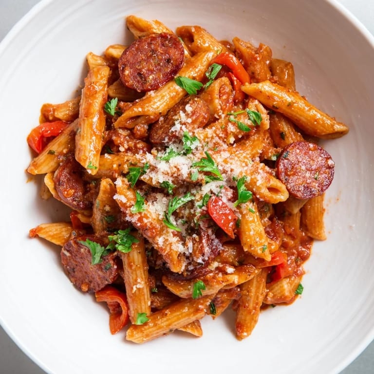 A close-up shot of fiery Spanish Chorizo Pasta, garnished with fresh parsley and cheese.
