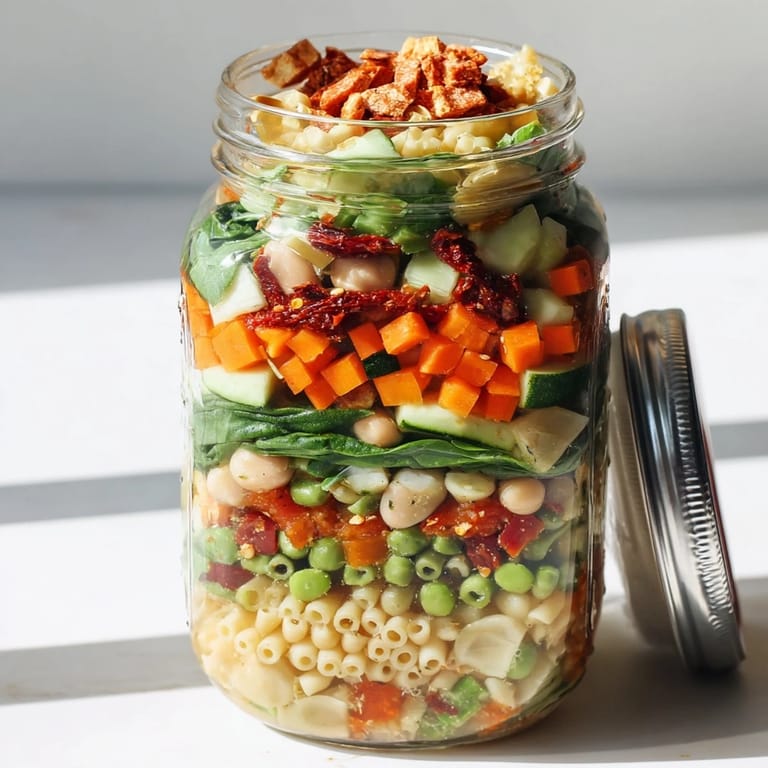 Close-up of a layered Minestrone Soup in a jar with vibrant veggies, pasta, and lentils.