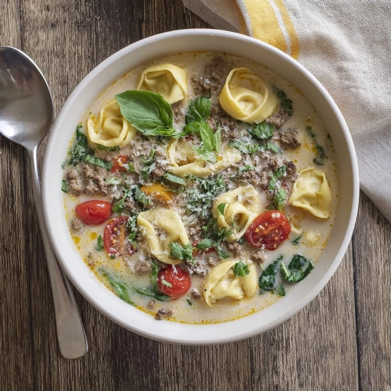 Close-up on rich Tortellini Beef Soup ladled into a rustic bowl, topped with melted Parmesan and fresh basil leaves.