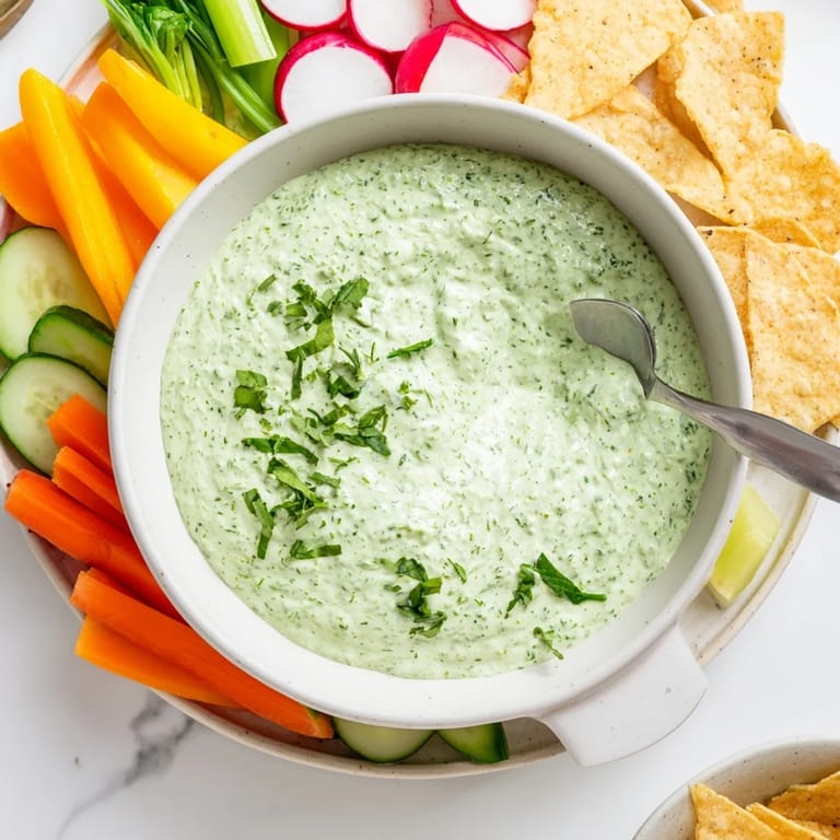Chilled Green Goddess Salad Dip with creamy texture and bright green herbs, paired with carrot sticks and radishes on a wooden board.