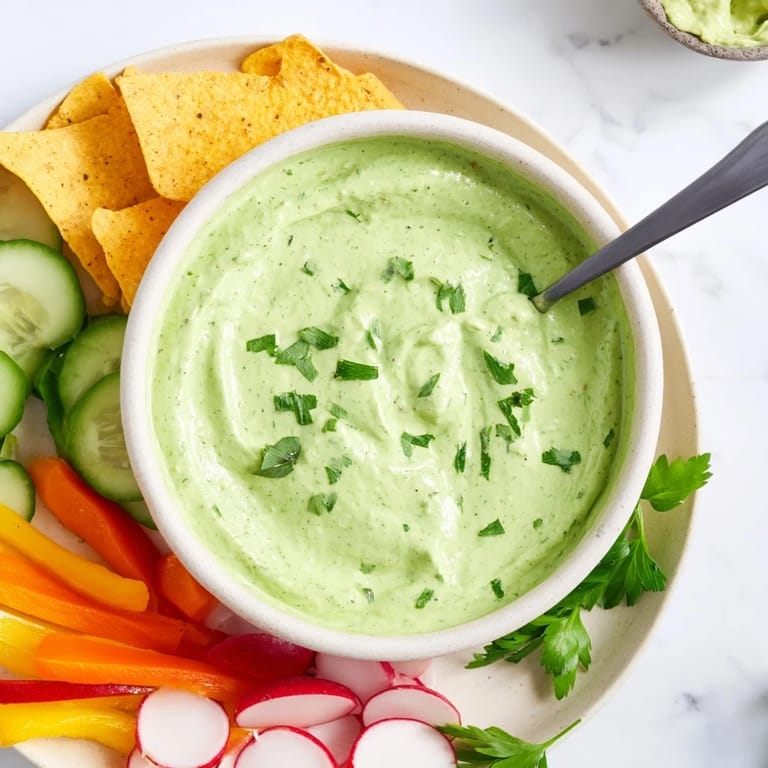 Green Goddess Salad Dip in a rustic serving bowl, surrounded by crunchy tortilla chips and fresh vegetable crudités for dipping.