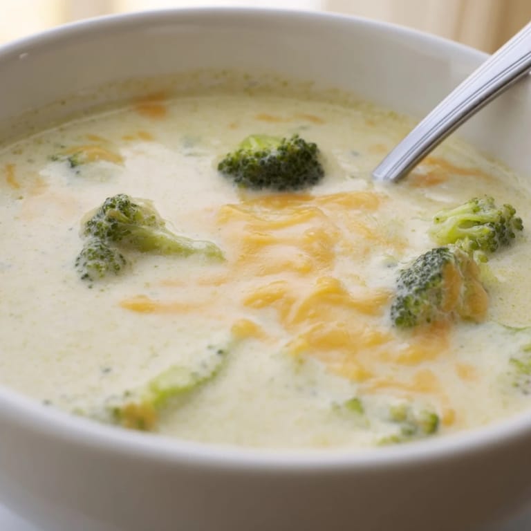 Steaming pot of homemade Broccoli Cheddar Soup with a ladle resting beside grated cheddar and chopped onion.