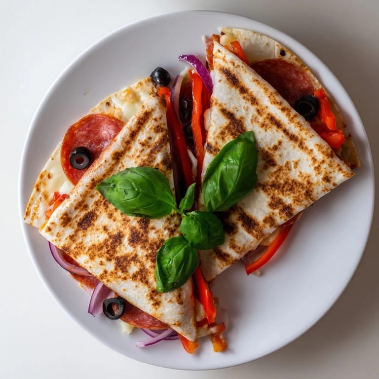 Mouthwatering Tortilla Pizza Wrap featuring a triangular shape with gooey cheese and fresh vegetables, pan-fried until perfectly crispy.