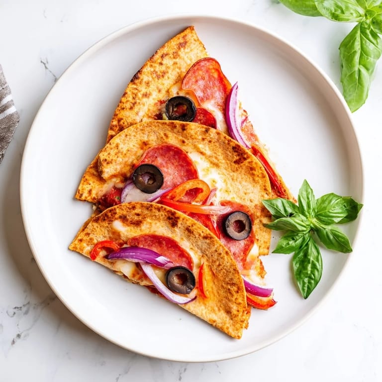 Delicious, easy Tortilla Pizza Wrap with a golden crust, savory toppings, and melted cheese, served hot on a plate.