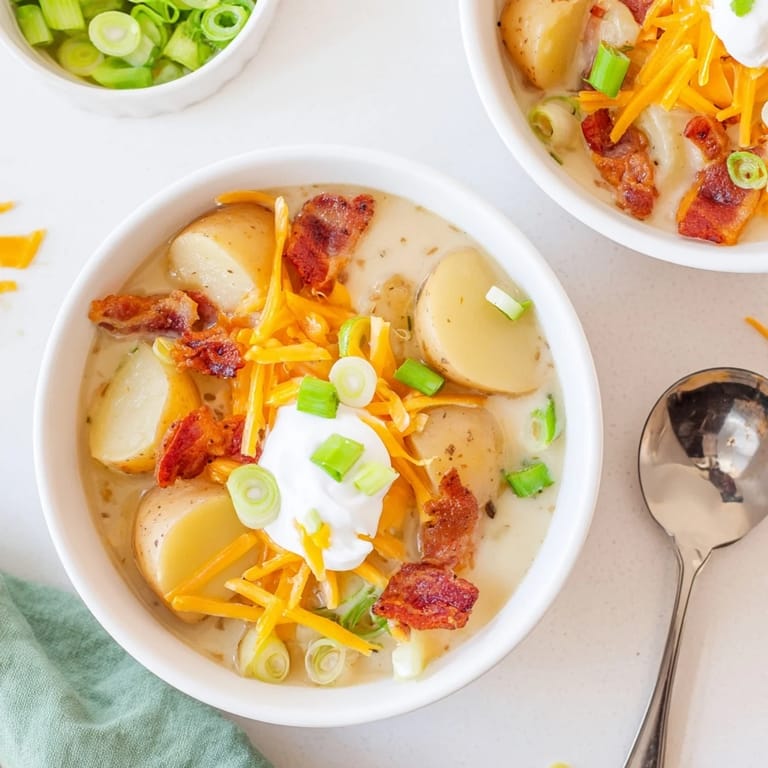 Hearty bowl of loaded baked potato soup garnished with shredded sharp cheddar, crispy bacon crumbles, and fresh green onions.