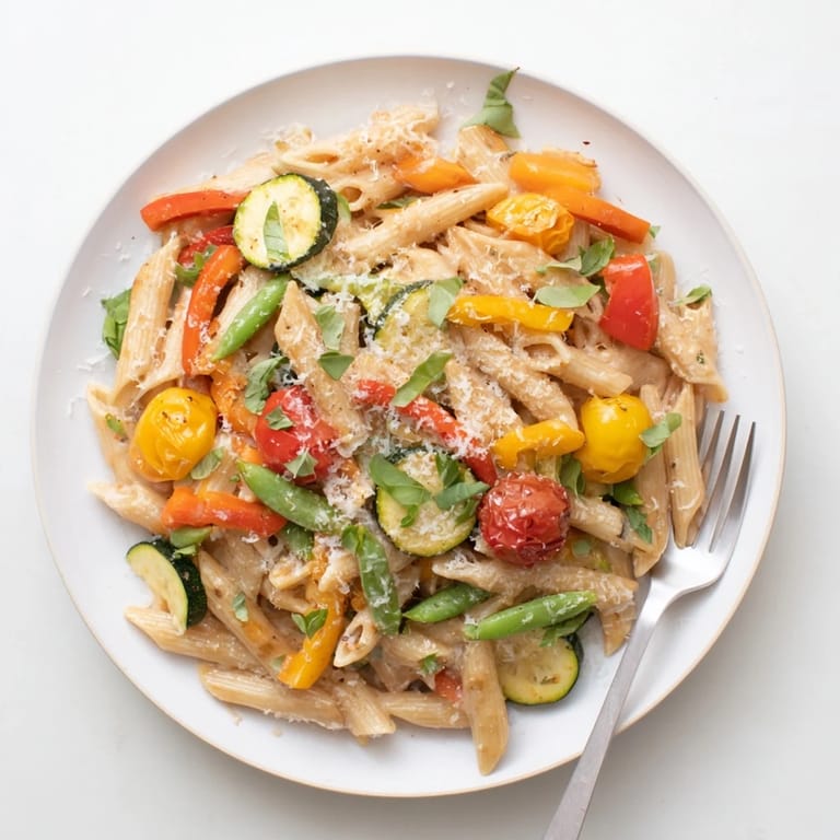 A steaming bowl of One-Pot Creamy Pasta Primavera, tossed with snap peas, carrots, and Italian herbs.