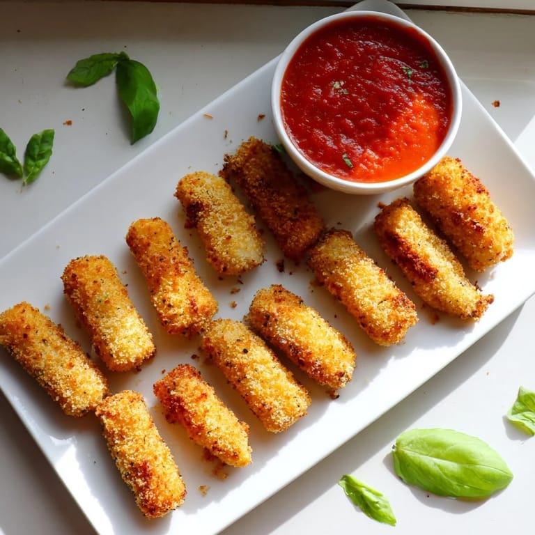 A close-up of crispy, golden air fryer mozzarella sticks, perfect for a quick snack or game-day appetizer.