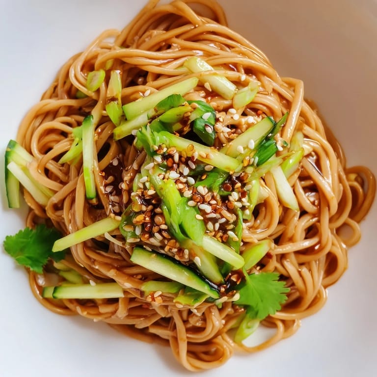 Hearty sesame noodle salad topped with crunchy peanuts, green onions, and sesame seeds, served chilled as a light vegetarian lunch.