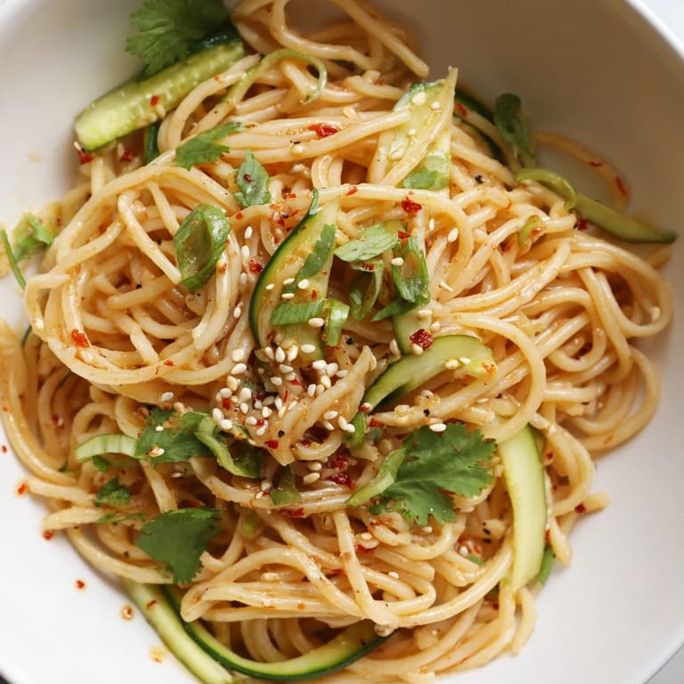 Quick Asian-inspired noodle salad with bold chili oil, creamy peanut butter, and vibrant veggies for a satisfying, dairy-free meal.