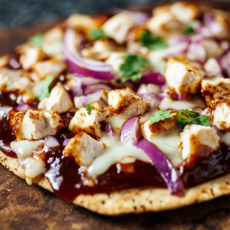 Sizzling hot BBQ Chicken Flatbread served on a wooden board, ready to slice and share