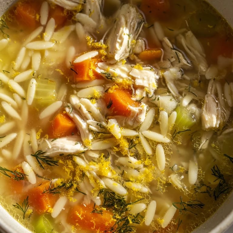 Warm Chicken Lemon Orzo Soup served in a rustic bowl, garnished with parsley and lemon zest.