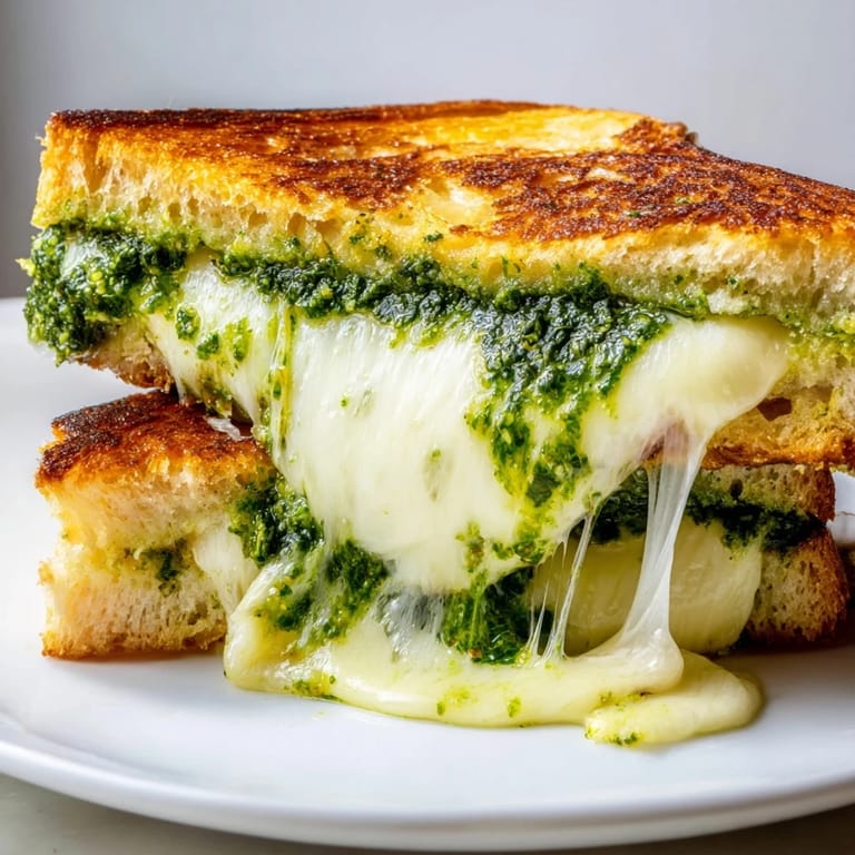 Sliced Spinach Pesto Grilled Cheese on a rustic plate, revealing vibrant green pesto and gooey cheese between crusty bread.