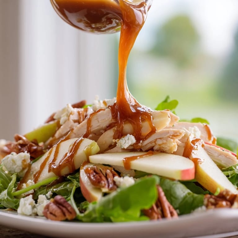 A vibrant serving of Caramel Apple Chicken Salad topped with dried cranberries, candied pecans, and red onion, ready for a fall dinner party.