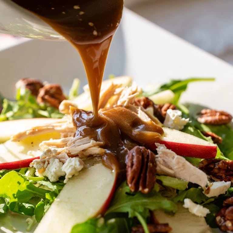 A freshly tossed Caramel Apple Chicken Salad in a white bowl, featuring crisp apples and chicken over greens with a glossy caramel dressing.