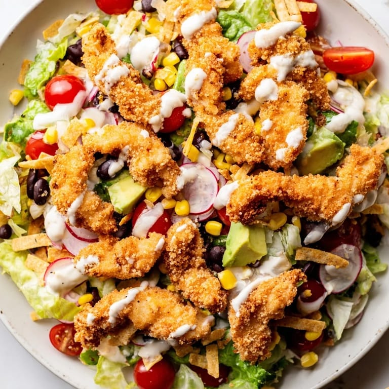 A vibrant Tex-Mex salad with crispy chicken, avocado slices, red onion, and a drizzle of creamy salsa ranch dressing in a white bowl.