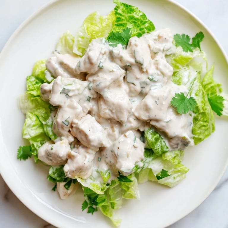 Fresh Jalapeño Ranch Chicken Salad topped with cherry tomatoes, cucumber, red onion, and crunchy tortilla strips on a wooden table.