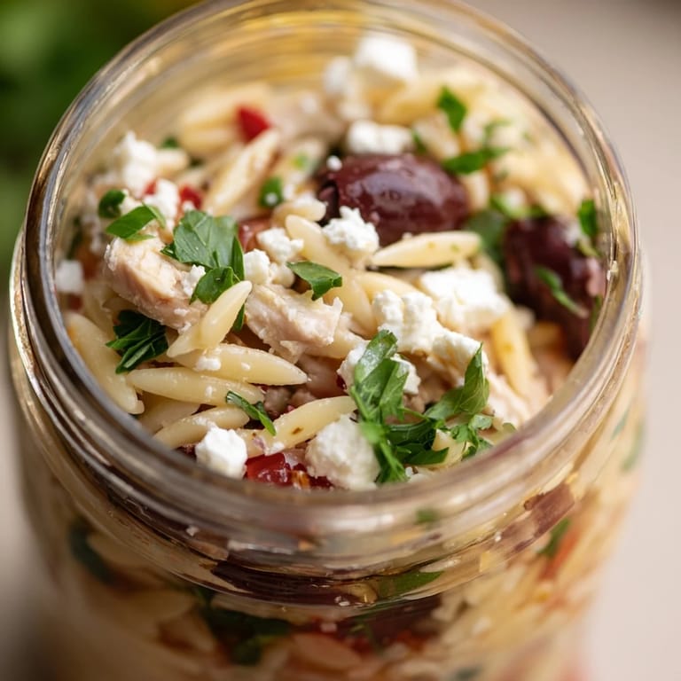 Clear mason jar layers of Greek Pasta Chicken Salad Jars topped with parsley, perfect for meal prep.