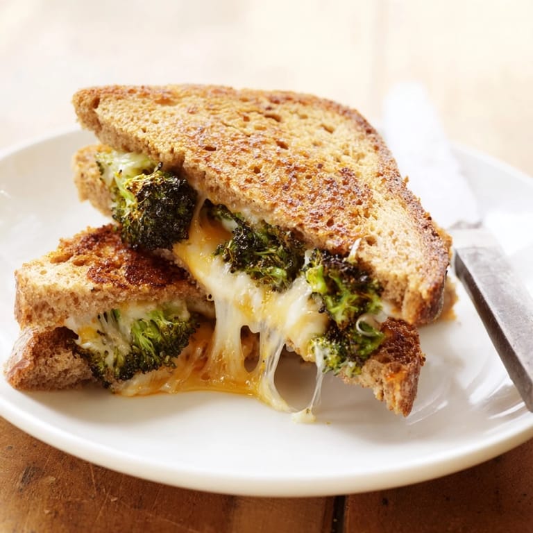 Roasted broccoli and cheddar grilled cheese on crispy whole wheat bread, cut diagonally to reveal gooey cheese and caramelized greens.