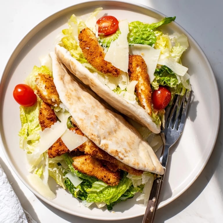 This homemade Crispy Herbed Chicken Caesar Pitas recipe showcases crunchy chicken, crisp greens, and toasted pita perfect for a quick dinner.