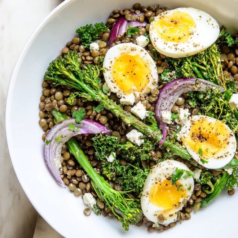French Lentil Salad with tender broccolini, fresh parsley, and crumbled goat cheese ready to serve on a platter.