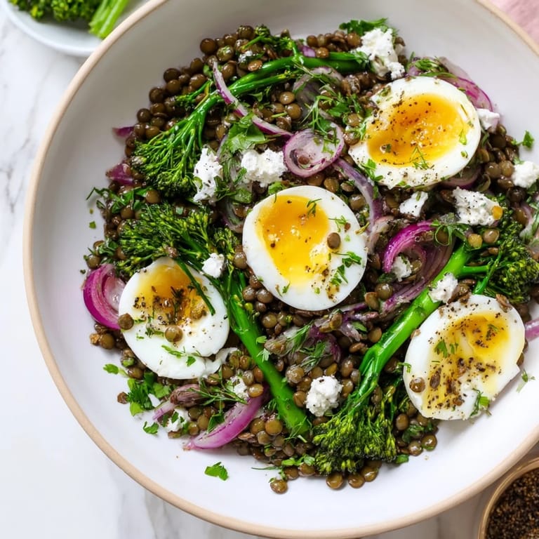 A close-up of French Lentil Salad showing halved soft-cooked eggs, crisp broccolini, and red onion tossed in vinaigrette.