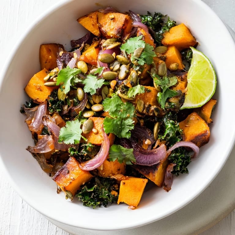 Sweet and Spicy Red Kuri Squash Bowl garnished with cilantro and lime on a rustic table.  