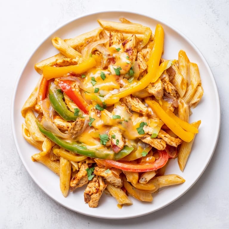 Serving suggestion of Chicken Fajita Pasta with lime wedges and a forkful of cheesy pasta.