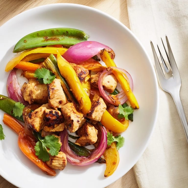 A close-up of juicy chicken and crisp asparagus, bell peppers, and snap peas coated in a glossy, sweet-savory honey garlic glaze.