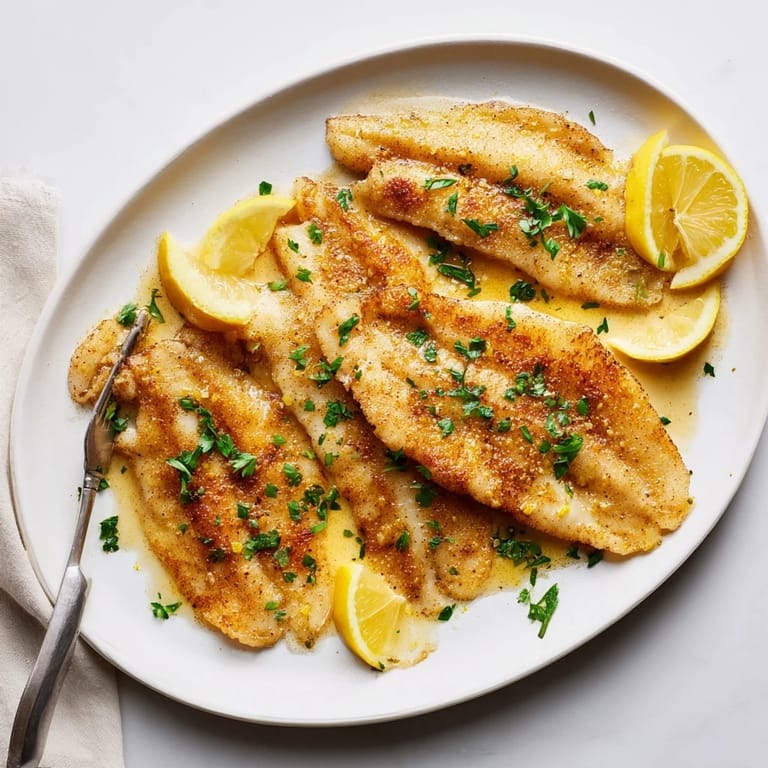 Delicate, pan-fried flounder meunière fillets resting on a white plate, ready to enjoy.